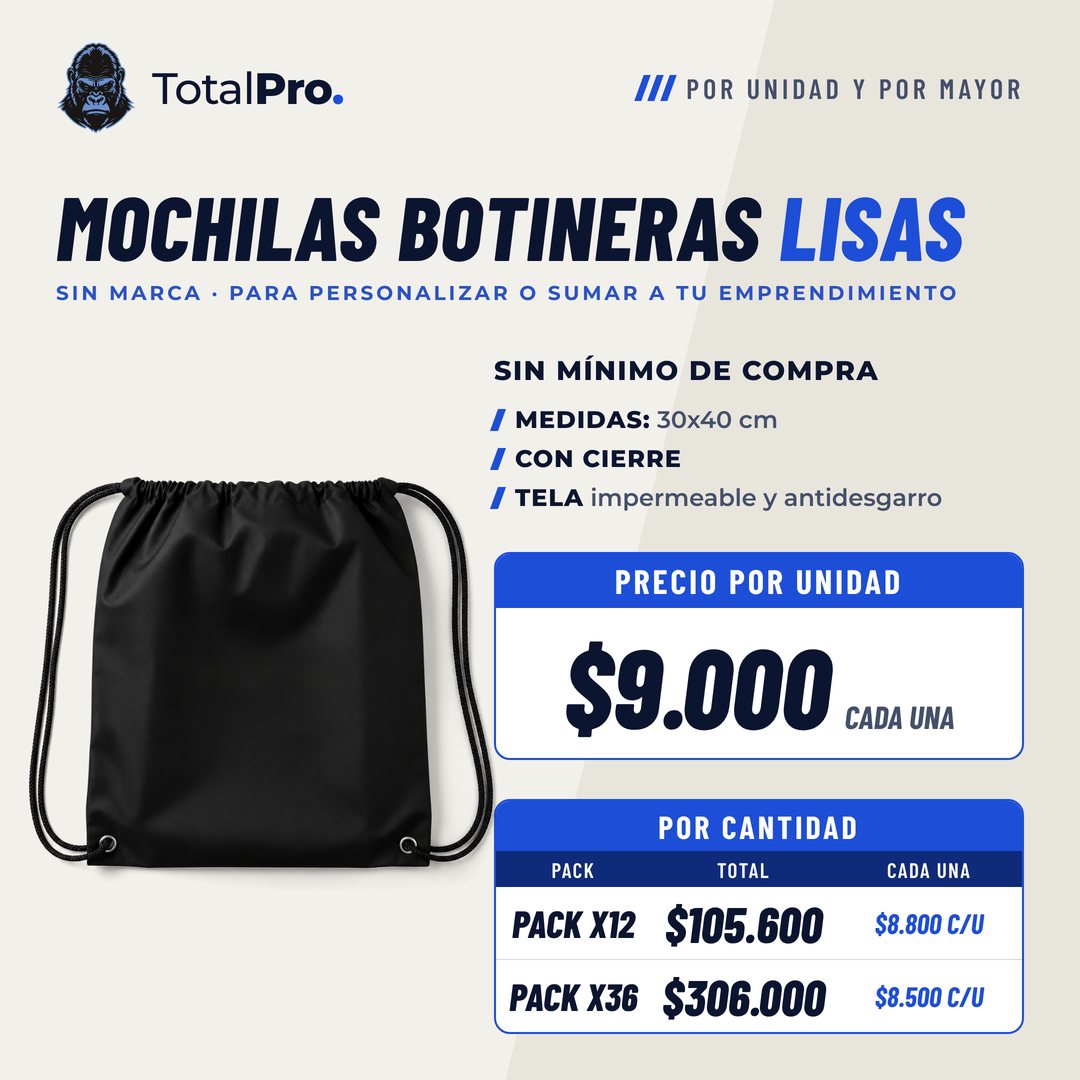 Catálogo de mochilas botineras lisas con precio por unidad y por cantidad