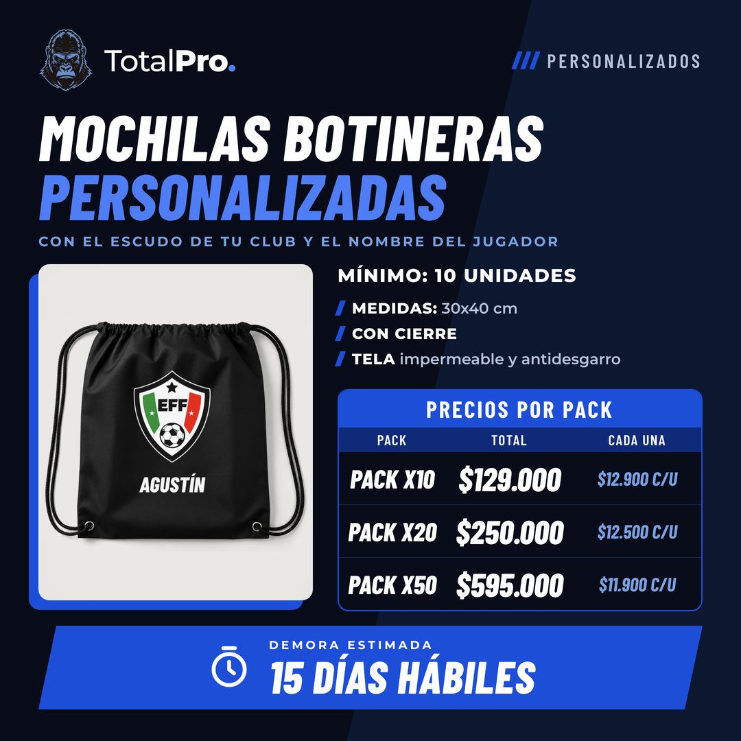 Catálogo de mochilas botineras personalizadas con precios por pack