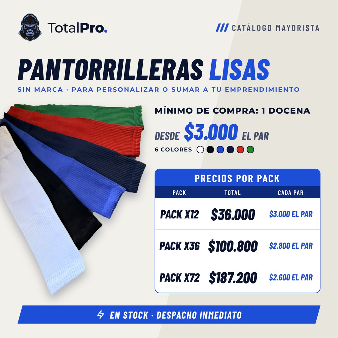 Catálogo de pantorrilleras lisas con precios por pack